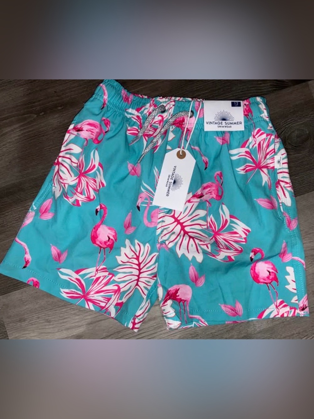 NEW! Vintage Swimwear Boys 12 Turquoise Flamingo Swim Shorts